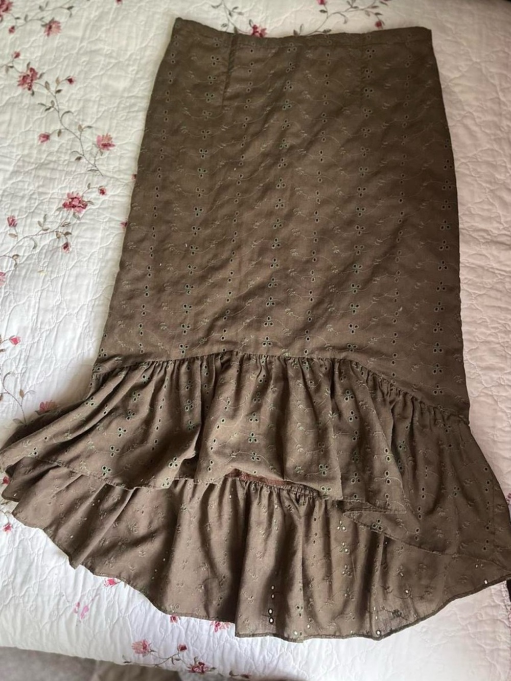 Maje Green Embroidered Eyelet Tiered Ruffle Skirt